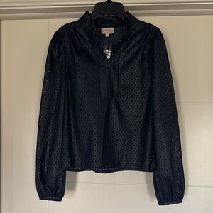 Navy Blue Eyelet Faux Leather Long-Sleeve Blouse. Size XS. NEW